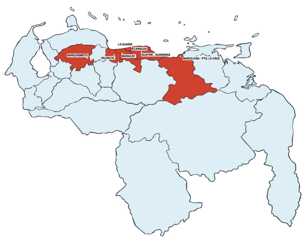 Ilustración mapa de Venezuela que resalta los estados Lara, Carabobo, Aragua, Capital, La guaira, Miranda y Anzoátegui donde la fundación tiene alcance en su acción